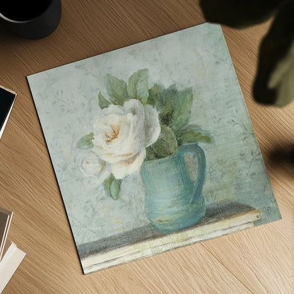 June Roses II White Blue Crop by Danhui Nai. Shown as a detailed flat fine art print, highlighting archival giclee quality. Available as an archival giclee rolled canvas, fine art paper, or poster print. SKU 44778a.