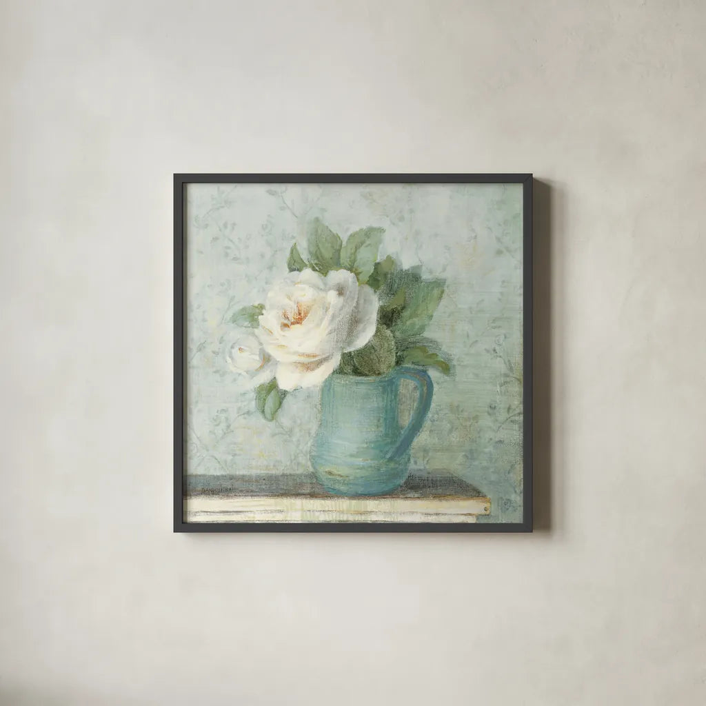 June Roses II White Blue Crop by Danhui Nai. Shown in a sleek black glass frame for a contemporary gallery look. Available as an archival giclee rolled canvas, fine art paper, or poster print. SKU 44778a.