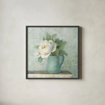 June Roses II White Blue Crop by Danhui Nai. Shown in a sleek black glass frame for a contemporary gallery look. Available as an archival giclee rolled canvas, fine art paper, or poster print. SKU 44778a.