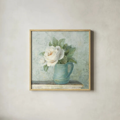 June Roses II White Blue Crop by Danhui Nai. Shown in a natural wood glass frame for a timeless modern aesthetic. Available as an archival giclee rolled canvas, fine art paper, or poster print. SKU 44778a.