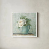 June Roses II White Blue Crop by Danhui Nai. Shown in a crisp white glass frame for a clean and minimalist style. Available as an archival giclee rolled canvas, fine art paper, or poster print. SKU 44778a.