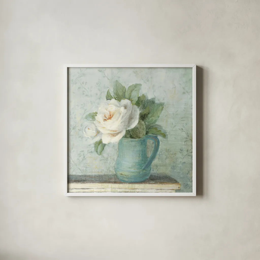 June Roses II White Blue Crop by Danhui Nai. Shown in a crisp white glass frame for a clean and minimalist style. Available as an archival giclee rolled canvas, fine art paper, or poster print. SKU 44778a.