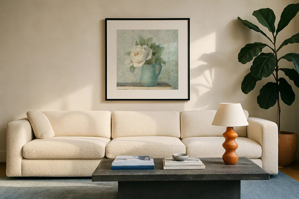 June Roses II White Blue Crop by Danhui Nai. Displayed in a glass frame with matte in a clean modern living room. Available as an archival giclee rolled canvas, fine art paper, or poster print. SKU 44778a.