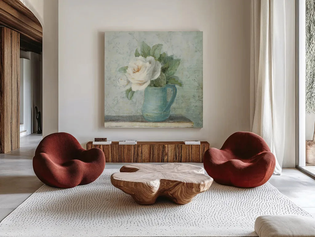 June Roses II White Blue Crop by Danhui Nai. Shown as extra-large giant wall art in a modern living room. Available as an archival giclee rolled canvas, fine art paper, or poster print. SKU 44778a.