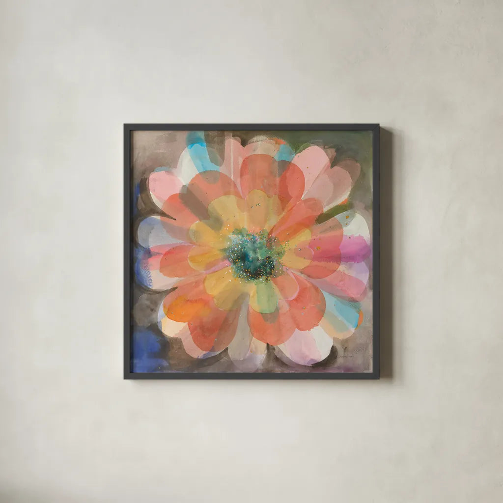 Kaleidoscope Flower by Danhui Nai. Shown in a sleek black glass frame for a contemporary gallery look. Available as an archival giclee rolled canvas, fine art paper, or poster print. SKU 66548a.