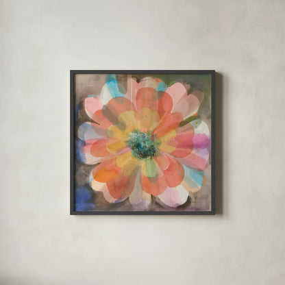 Kaleidoscope Flower by Danhui Nai. Shown in a sleek black glass frame for a contemporary gallery look. Available as an archival giclee rolled canvas, fine art paper, or poster print. SKU 66548a.