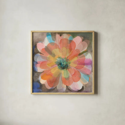 Kaleidoscope Flower by Danhui Nai. Shown in a natural wood glass frame for a timeless modern aesthetic. Available as an archival giclee rolled canvas, fine art paper, or poster print. SKU 66548a.