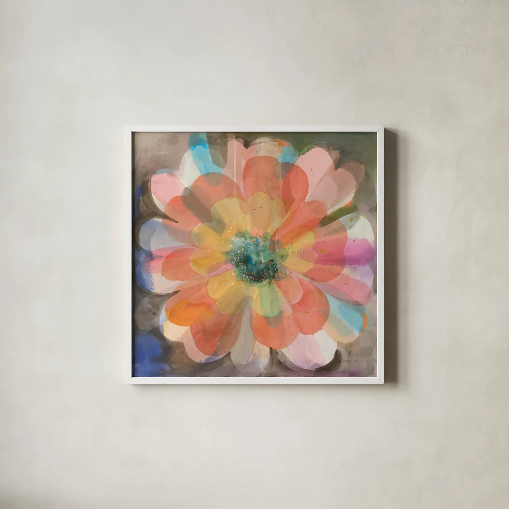 Kaleidoscope Flower by Danhui Nai. Shown in a crisp white glass frame for a clean and minimalist style. Available as an archival giclee rolled canvas, fine art paper, or poster print. SKU 66548a.