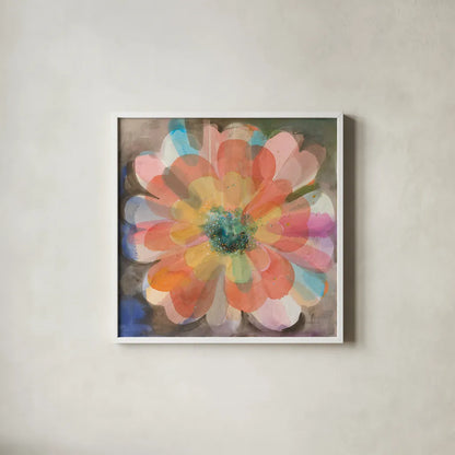 Kaleidoscope Flower by Danhui Nai. Shown in a crisp white glass frame for a clean and minimalist style. Available as an archival giclee rolled canvas, fine art paper, or poster print. SKU 66548a.