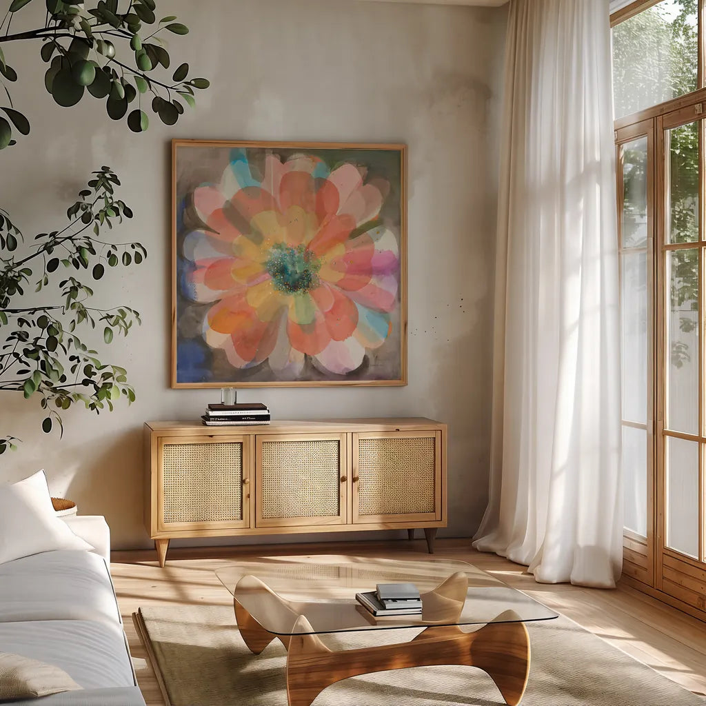 Kaleidoscope Flower by Danhui Nai. Shown in a natural wood frame in a cozy modern living room. Available as an archival giclee rolled canvas, fine art paper, or poster print. SKU 66548a.