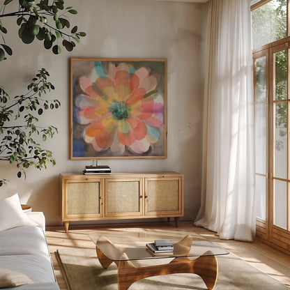 Kaleidoscope Flower by Danhui Nai. Shown in a natural wood frame in a cozy modern living room. Available as an archival giclee rolled canvas, fine art paper, or poster print. SKU 66548a.