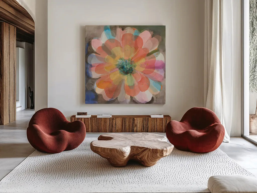 Kaleidoscope Flower by Danhui Nai. Shown as extra-large giant wall art in a modern living room. Available as an archival giclee rolled canvas, fine art paper, or poster print. SKU 66548a.