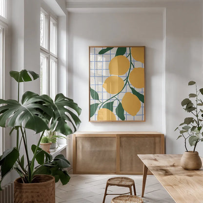 Kitchen Lemons by Danhui Nai. shown as a print in a natural wood frame in a dining room. Available as a archival giclee rolled canvas, fine art paper, or poster print. SKU 94981h.