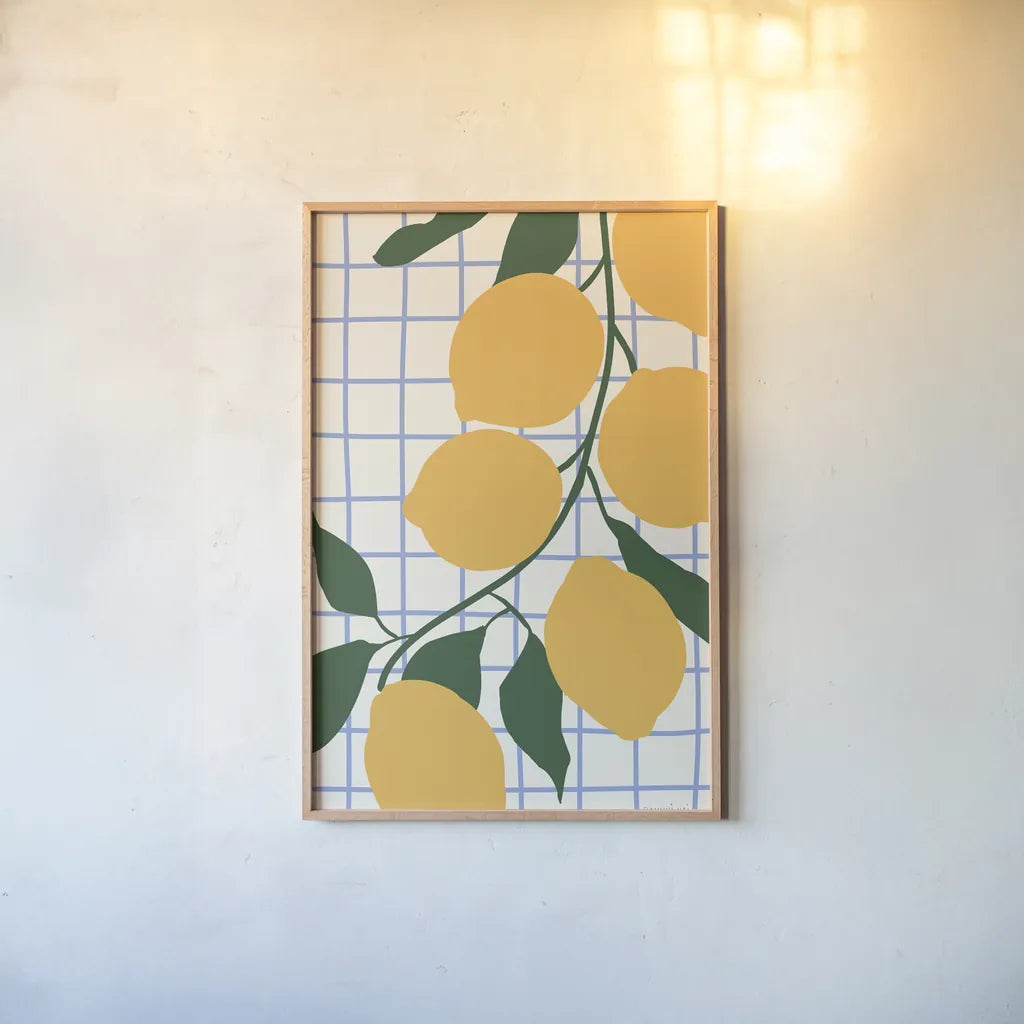 Kitchen Lemons by Danhui Nai. shown as a paper print in a natural frame. Available as a archival giclee rolled canvas, fine art paper, or poster print. SKU 94981h.