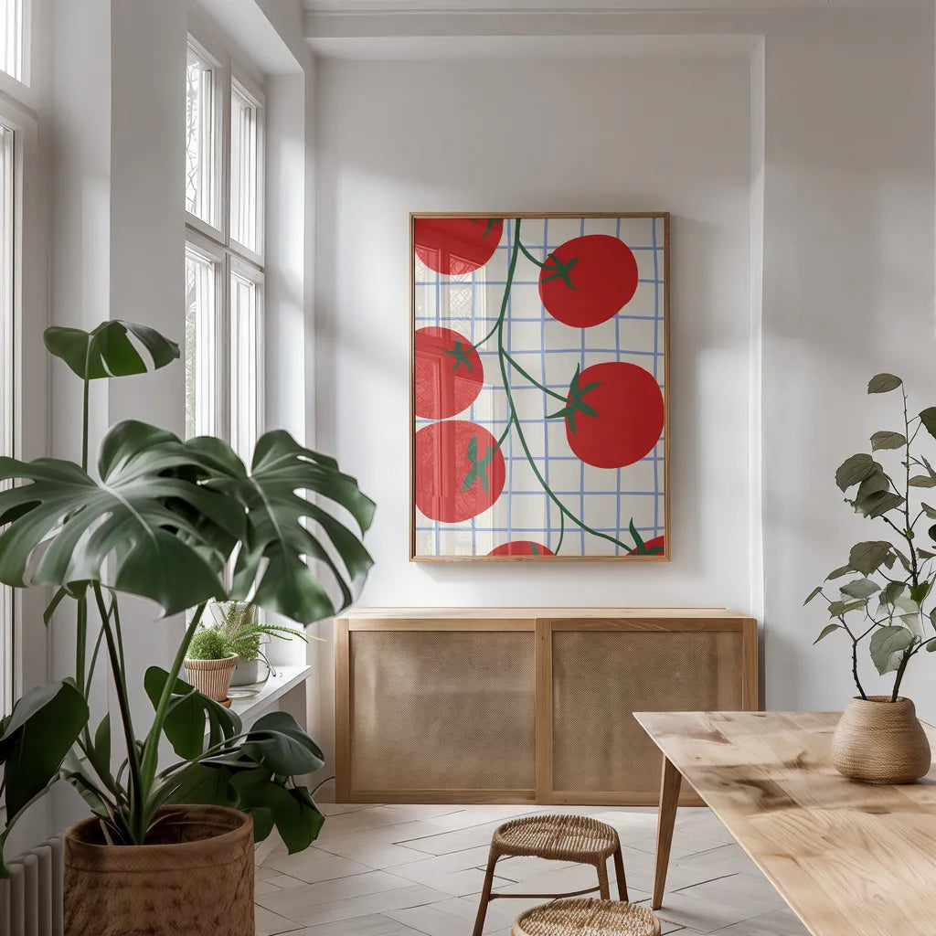 Kitchen Tomatoes by Danhui Nai. shown as a print in a natural wood frame in a dining room. Available as a archival giclee rolled canvas, fine art paper, or poster print. SKU 94980h.