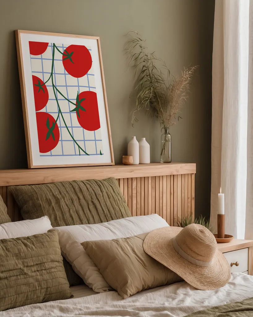 Kitchen Tomatoes by Danhui Nai. shown as a paper print in a natural frame. Available as a archival giclee rolled canvas, fine art paper, or poster print. SKU 94980h.