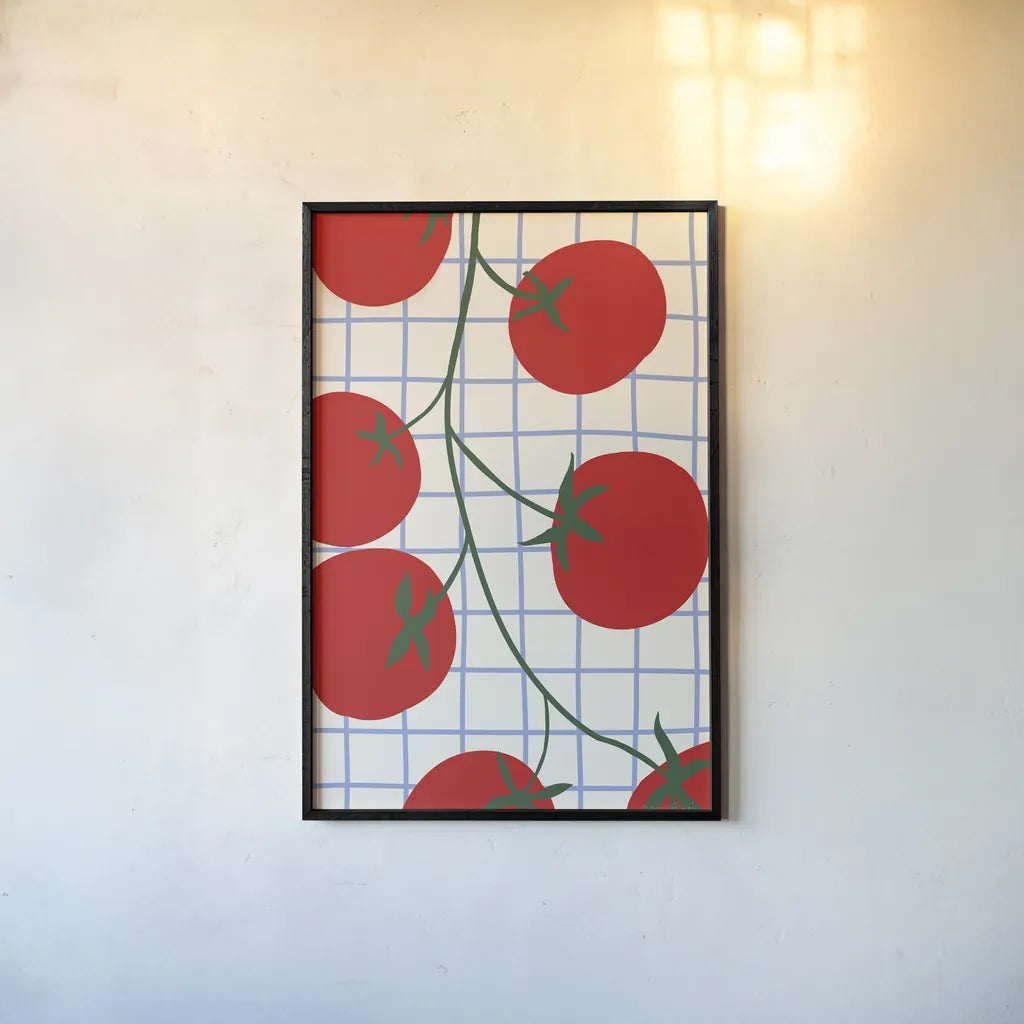 Kitchen Tomatoes by Danhui Nai. shown as a paper print in a black flame. Available as a archival giclee rolled canvas, fine art paper, or poster print. SKU 94980h.