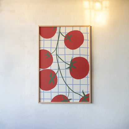 Kitchen Tomatoes by Danhui Nai. shown as a paper print in a natural frame. Available as a archival giclee rolled canvas, fine art paper, or poster print. SKU 94980h.