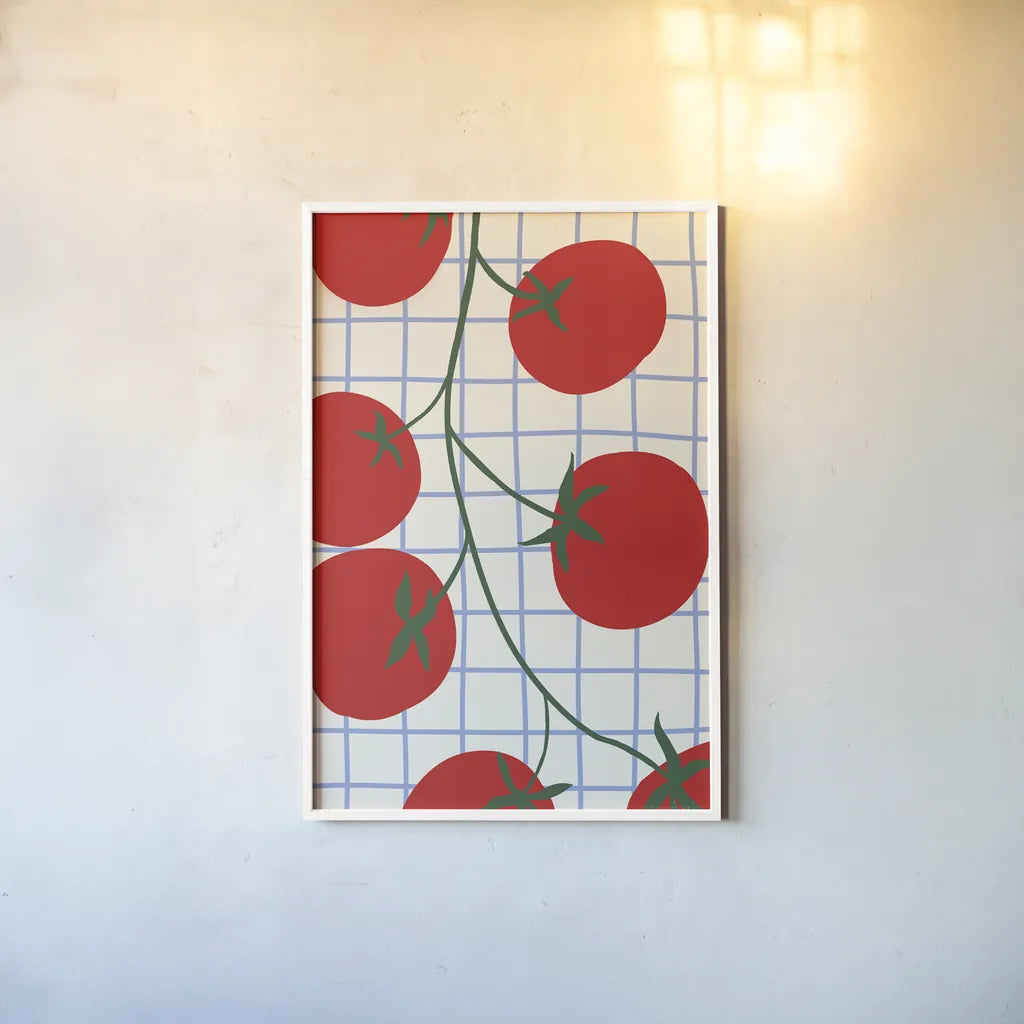 Kitchen Tomatoes by Danhui Nai. shown as a paper print in a white frame. Available as a archival giclee rolled canvas, fine art paper, or poster print. SKU 94980h.