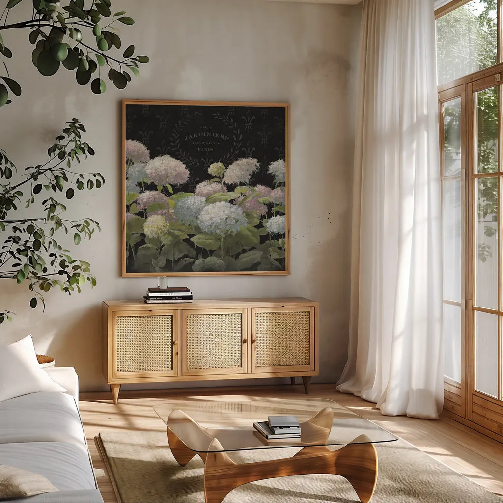 La Belle Jardiniere Crop by Danhui Nai. Shown in a natural wood frame in a cozy modern living room. Available as an archival giclee rolled canvas, fine art paper, or poster print. SKU 15232a.