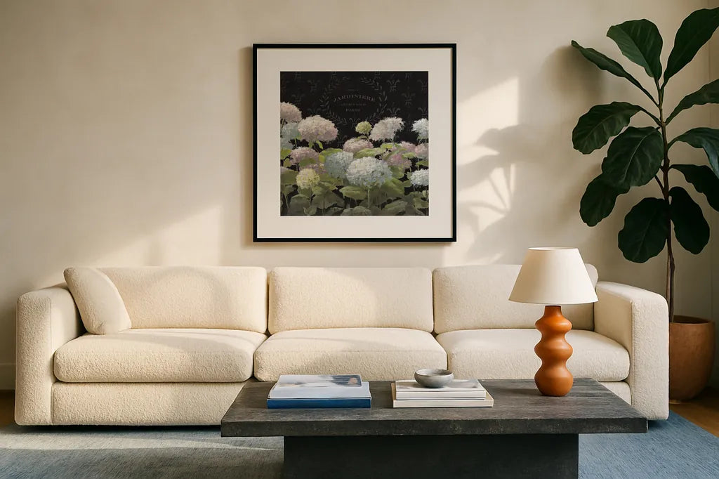 La Belle Jardiniere Crop by Danhui Nai. Displayed in a glass frame with matte in a clean modern living room. Available as an archival giclee rolled canvas, fine art paper, or poster print. SKU 15232a.