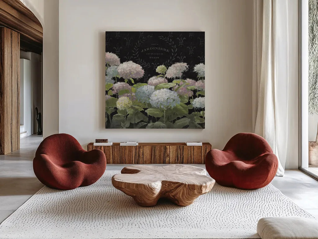 La Belle Jardiniere Crop by Danhui Nai. Shown as extra-large giant wall art in a modern living room. Available as an archival giclee rolled canvas, fine art paper, or poster print. SKU 15232a.