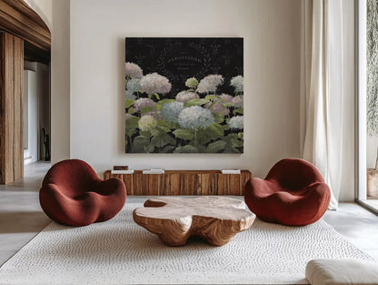 La Belle Jardiniere Crop by Danhui Nai. Shown as extra-large giant wall art in a modern living room. Available as an archival giclee rolled canvas, fine art paper, or poster print. SKU 15232a.