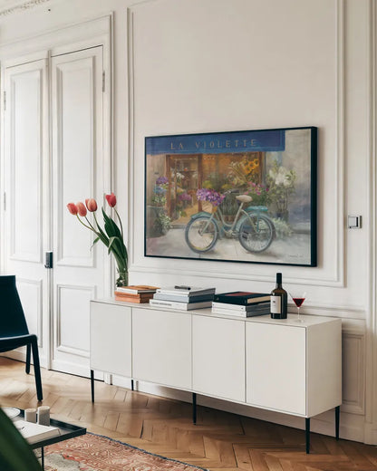La Violette Grand by Danhui Nai. shown as a framed stretched canvas in a living room above a console. Available as a archival giclee rolled canvas, fine art paper, or poster print. SKU 12224i.