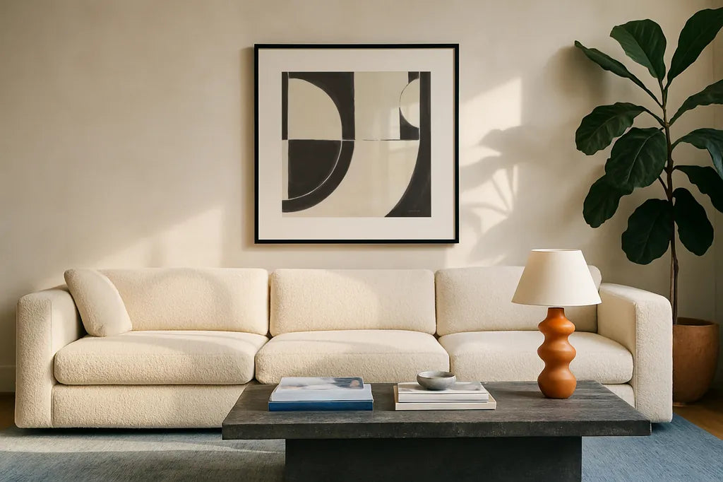 Laid Back by Danhui Nai. Displayed in a glass frame with matte in a clean modern living room. Available as an archival giclee rolled canvas, fine art paper, or poster print. SKU 86541a.