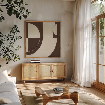 Laid Back Chocolate Brown by Danhui Nai. Shown in a natural wood frame in a cozy modern living room. Available as an archival giclee rolled canvas, fine art paper, or poster print. SKU 91418a.