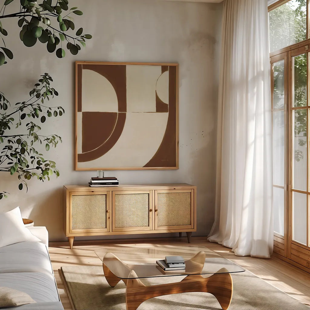 Laid Back Sepia by Danhui Nai. Shown in a natural wood frame in a cozy modern living room. Available as an archival giclee rolled canvas, fine art paper, or poster print. SKU 91300a.