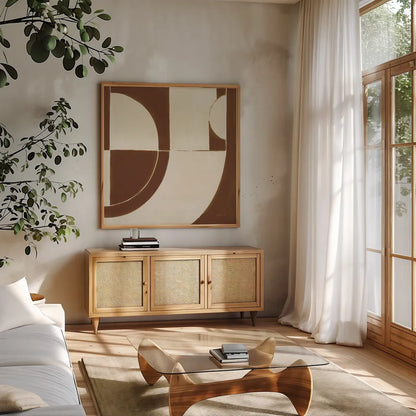 Laid Back Sepia by Danhui Nai. Shown in a natural wood frame in a cozy modern living room. Available as an archival giclee rolled canvas, fine art paper, or poster print. SKU 91300a.