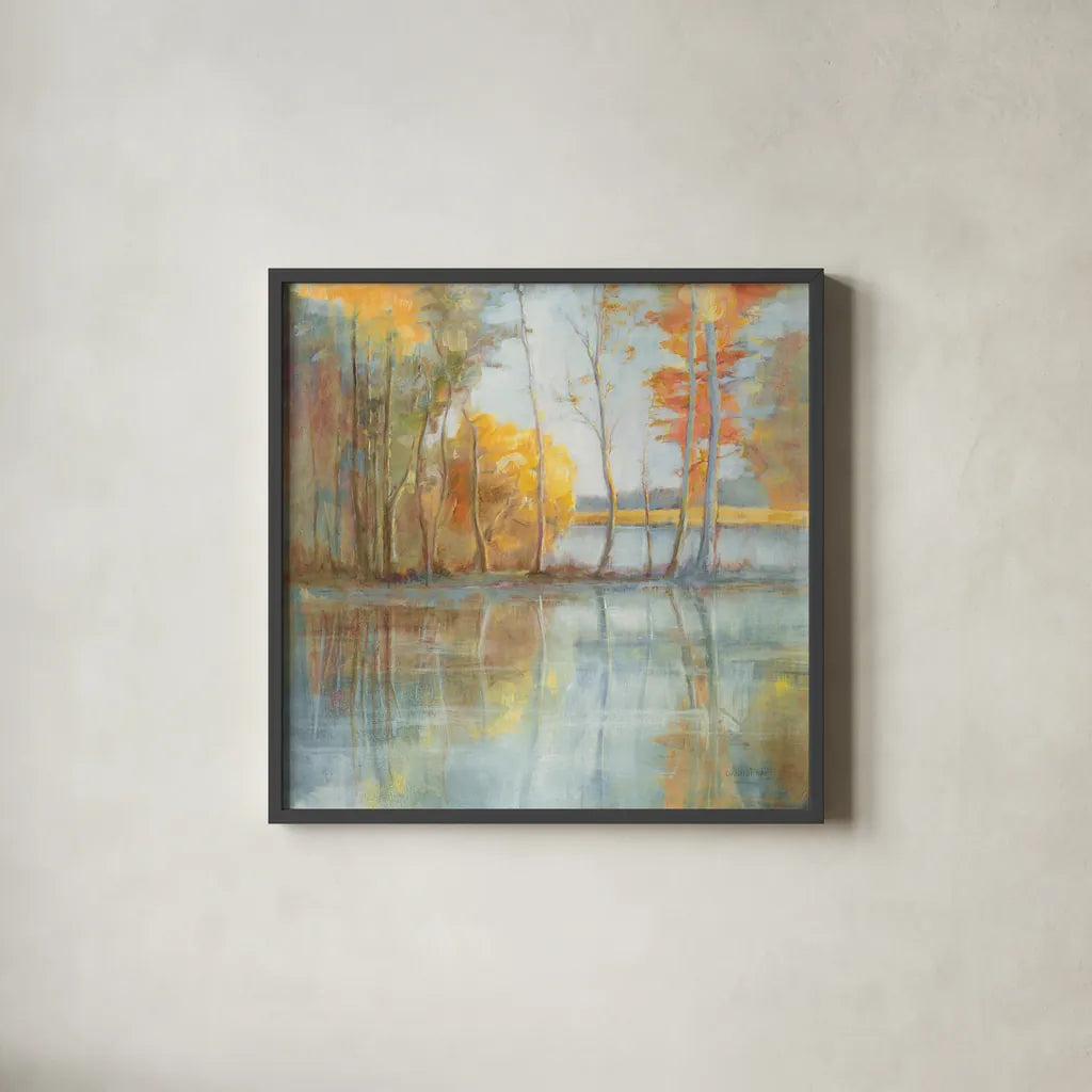 Lakeside Reflection by Danhui Nai. Shown in a sleek black glass frame for a contemporary gallery look. Available as an archival giclee rolled canvas, fine art paper, or poster print. SKU 50232a.