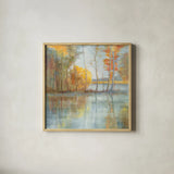 Lakeside Reflection by Danhui Nai. Shown in a natural wood glass frame for a timeless modern aesthetic. Available as an archival giclee rolled canvas, fine art paper, or poster print. SKU 50232a.