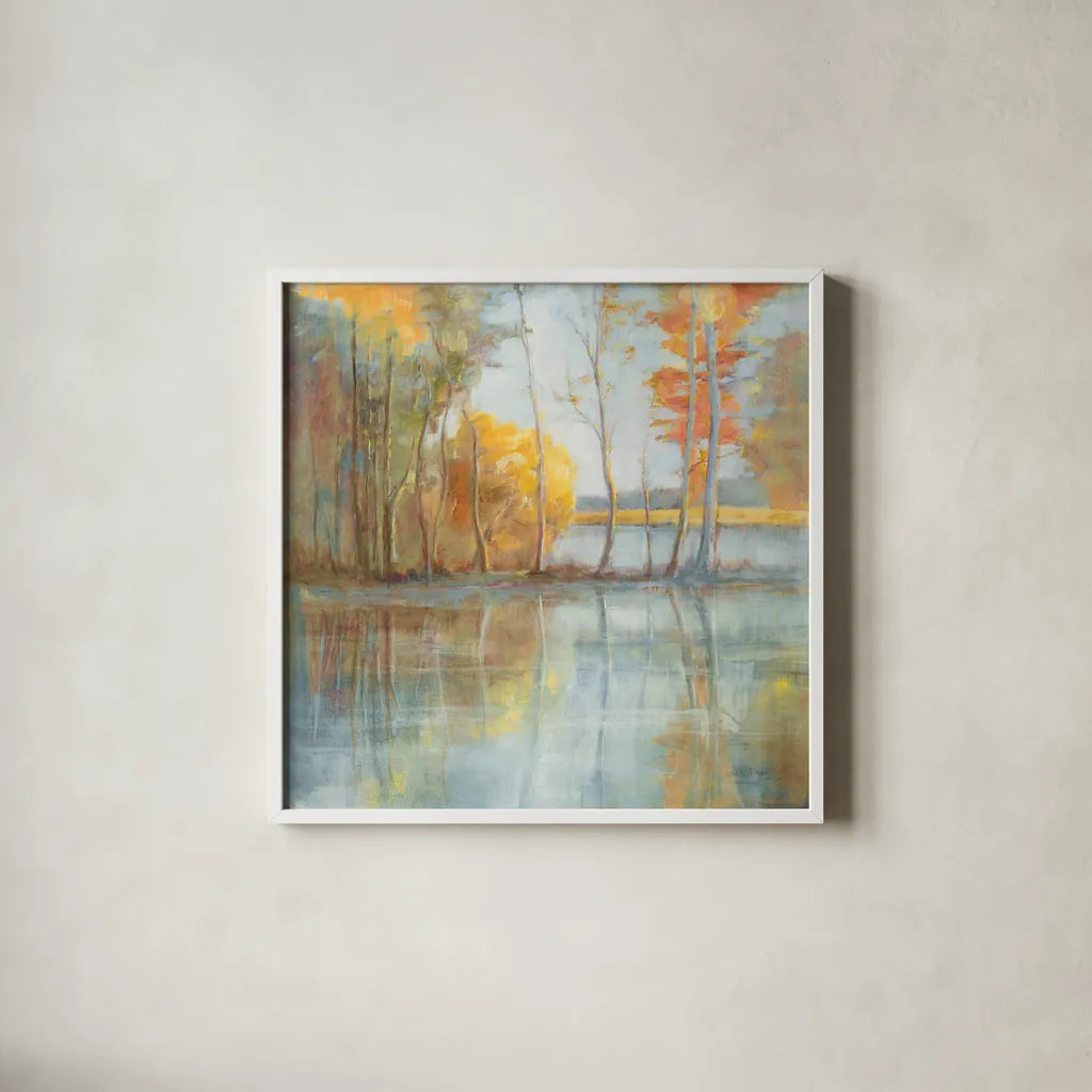 Lakeside Reflection by Danhui Nai. Shown in a crisp white glass frame for a clean and minimalist style. Available as an archival giclee rolled canvas, fine art paper, or poster print. SKU 50232a.