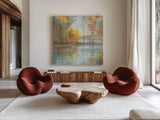 Lakeside Reflection by Danhui Nai. Shown as extra-large giant wall art in a modern living room. Available as an archival giclee rolled canvas, fine art paper, or poster print. SKU 50232a.