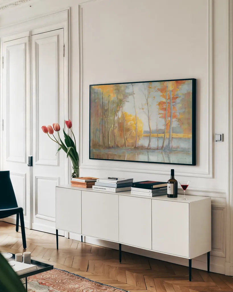 Lakeside Reflection Crop by Danhui Nai. shown as a framed stretched canvas in a living room above a console. Available as a archival giclee rolled canvas, fine art paper, or poster print. SKU 50232i.