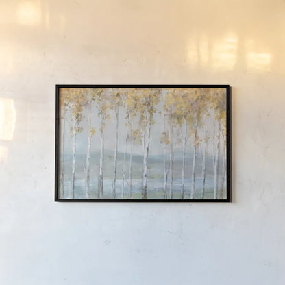 Lakeview Birches by Danhui Nai. shown as a paper print in a black flame. Available as a archival giclee rolled canvas, fine art paper, or poster print. SKU 73189i.