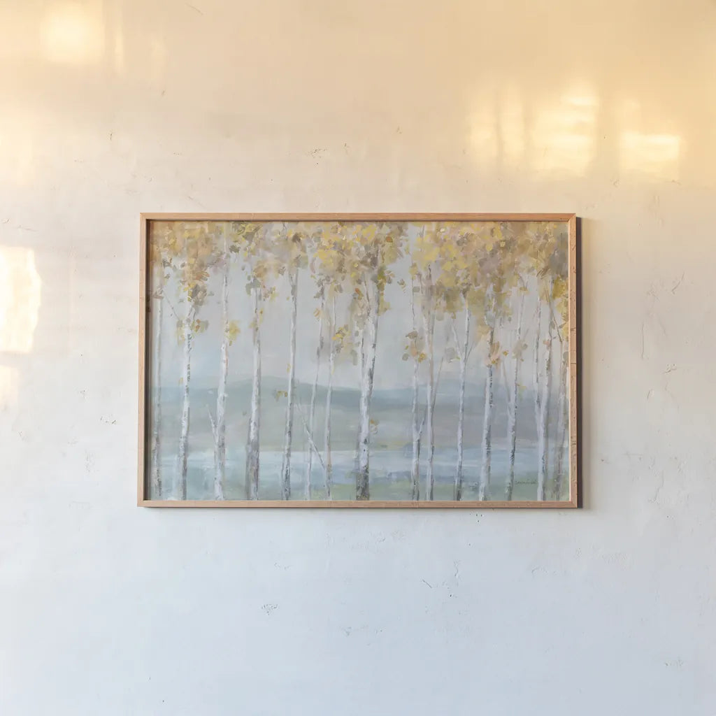 Lakeview Birches by Danhui Nai. shown as a paper print in a natural frame. Available as a archival giclee rolled canvas, fine art paper, or poster print. SKU 73189i.