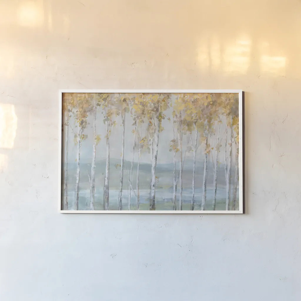 Lakeview Birches by Danhui Nai. shown as a paper print in a white frame. Available as a archival giclee rolled canvas, fine art paper, or poster print. SKU 73189i.