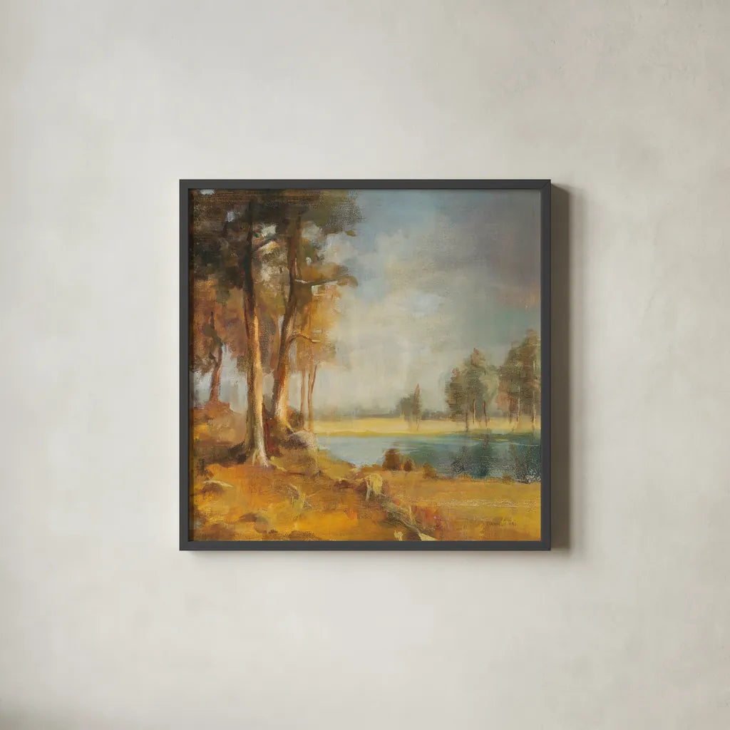 Landscape Trio I by Danhui Nai. Shown in a sleek black glass frame for a contemporary gallery look. Available as an archival giclee rolled canvas, fine art paper, or poster print. SKU 22002a.