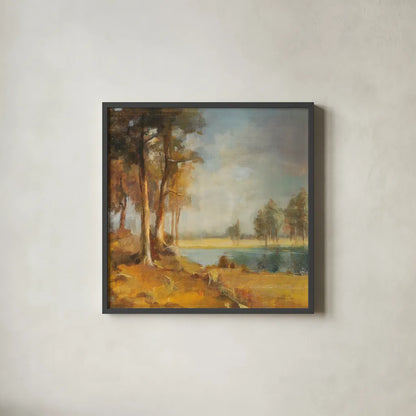 Landscape Trio I by Danhui Nai. Shown in a sleek black glass frame for a contemporary gallery look. Available as an archival giclee rolled canvas, fine art paper, or poster print. SKU 22002a.