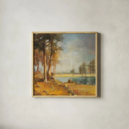 Landscape Trio I by Danhui Nai. Shown in a natural wood glass frame for a timeless modern aesthetic. Available as an archival giclee rolled canvas, fine art paper, or poster print. SKU 22002a.