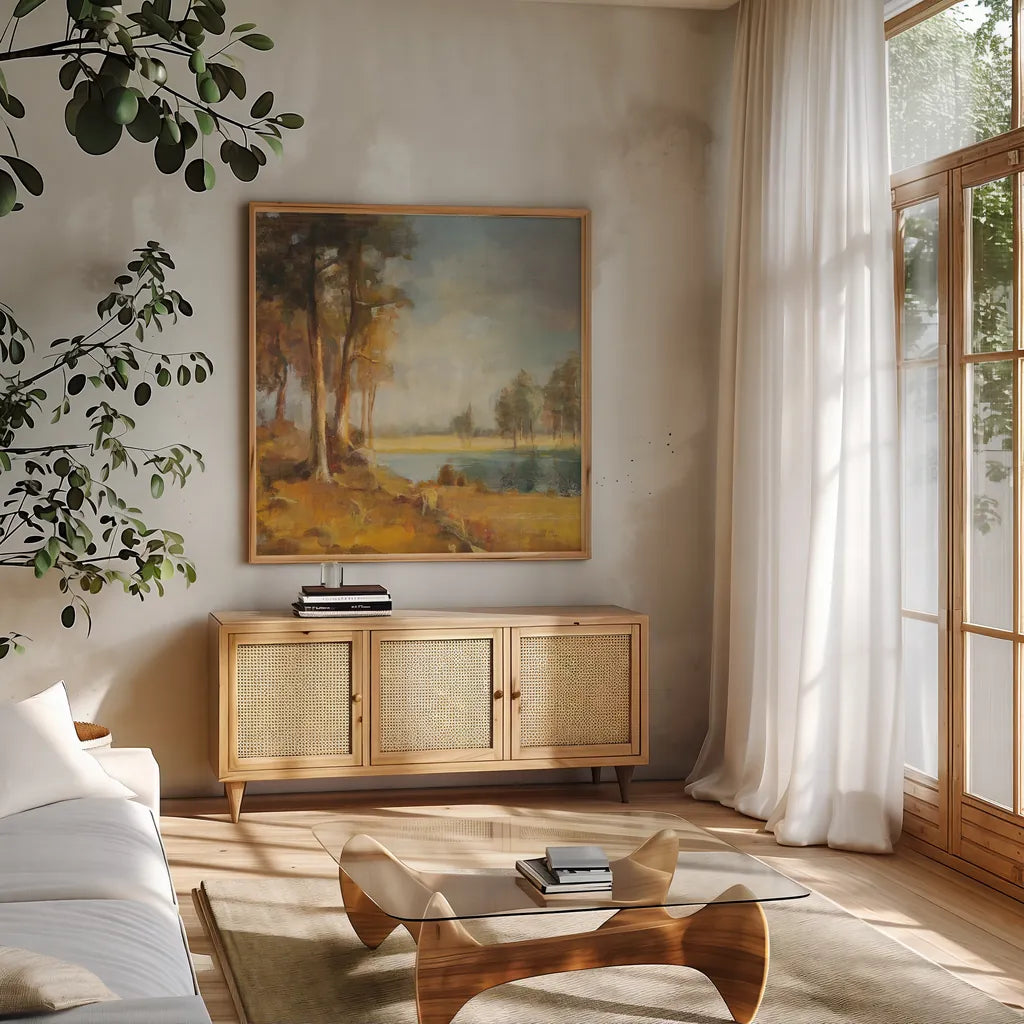 Landscape Trio I by Danhui Nai. Shown in a natural wood frame in a cozy modern living room. Available as an archival giclee rolled canvas, fine art paper, or poster print. SKU 22002a.