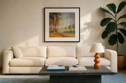 Landscape Trio I by Danhui Nai. Displayed in a glass frame with matte in a clean modern living room. Available as an archival giclee rolled canvas, fine art paper, or poster print. SKU 22002a.