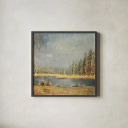 Landscape Trio II by Danhui Nai. Shown in a sleek black glass frame for a contemporary gallery look. Available as an archival giclee rolled canvas, fine art paper, or poster print. SKU 22003a.