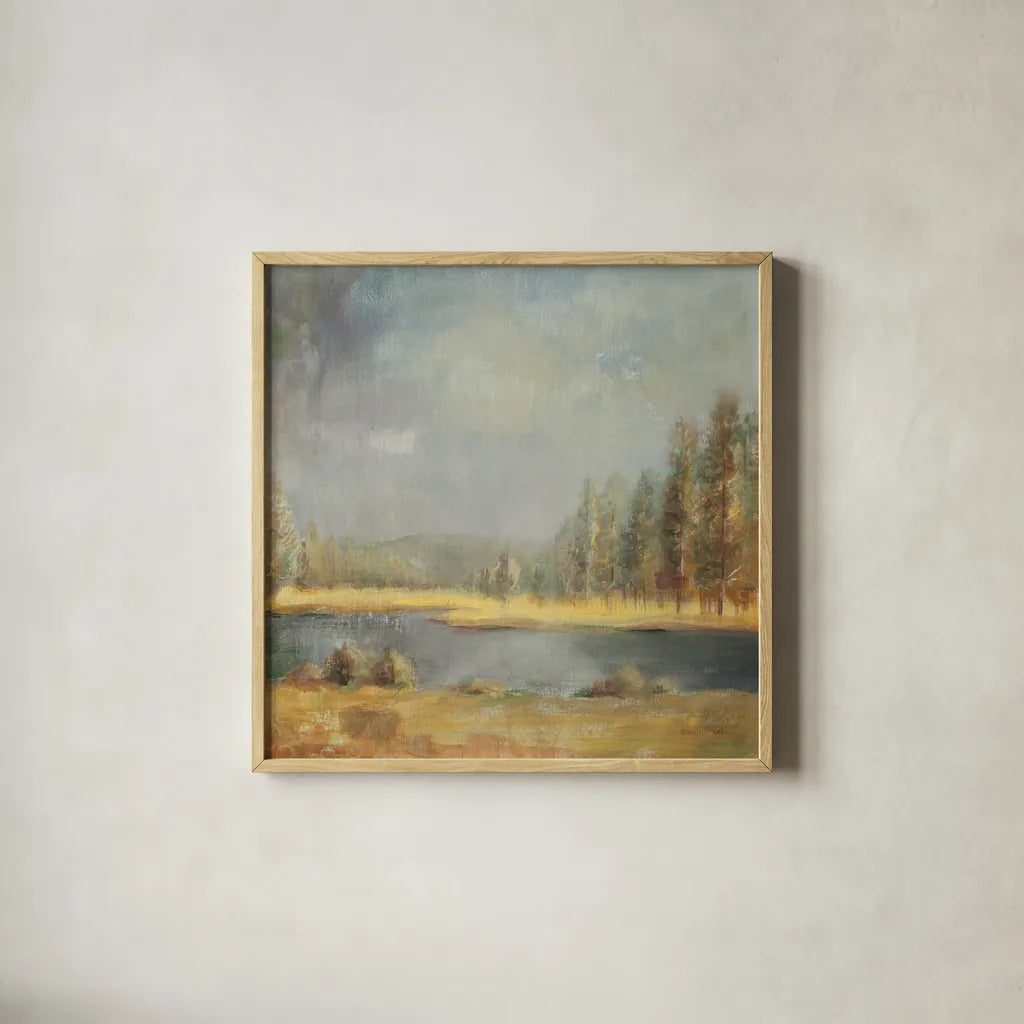 Landscape Trio II by Danhui Nai. Shown in a natural wood glass frame for a timeless modern aesthetic. Available as an archival giclee rolled canvas, fine art paper, or poster print. SKU 22003a.