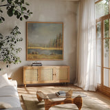 Landscape Trio II by Danhui Nai. Shown in a natural wood frame in a cozy modern living room. Available as an archival giclee rolled canvas, fine art paper, or poster print. SKU 22003a.