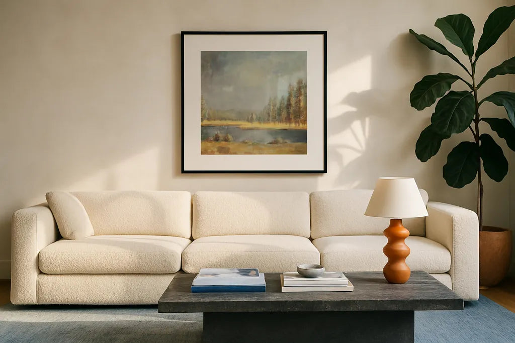 Landscape Trio II by Danhui Nai. Displayed in a glass frame with matte in a clean modern living room. Available as an archival giclee rolled canvas, fine art paper, or poster print. SKU 22003a.