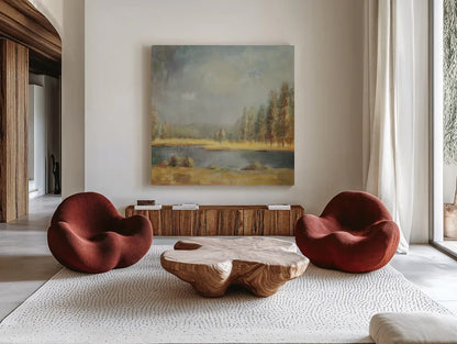 Landscape Trio II by Danhui Nai. Shown as extra-large giant wall art in a modern living room. Available as an archival giclee rolled canvas, fine art paper, or poster print. SKU 22003a.